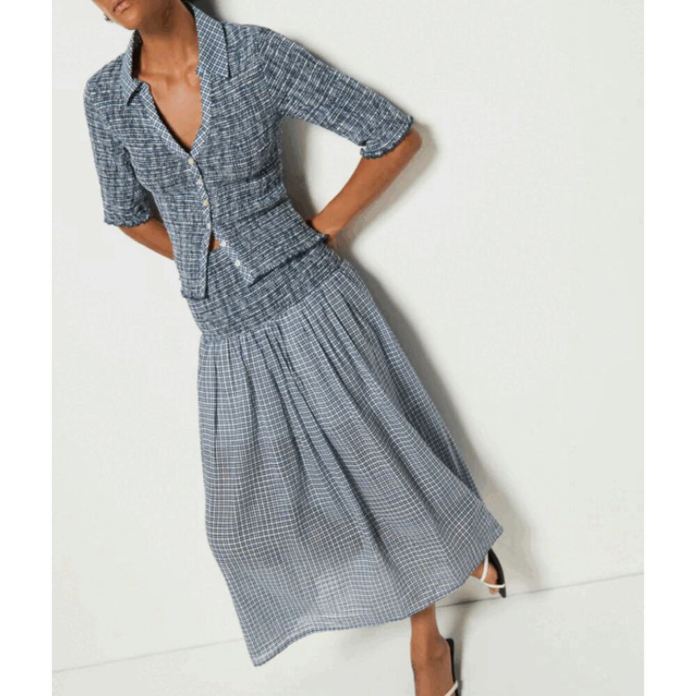 Nation Smocked Gingham Top Midi Skirt Set Navy White Small